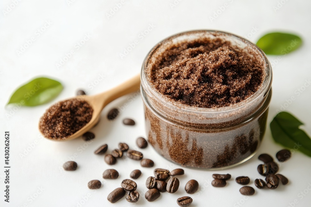 Invigorating coffee scrub in a jar, presented with coffee beans and wooden spoon for a natural, aromatic skincare experience. Invigorating coffee scrub in a jar, presented with coffee beans and wooden spoon for a natural, aromatic skincare experience.
