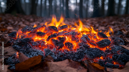 Embers glow amidst leaves in a blurred forest casting orange light on the charred remains of a fire