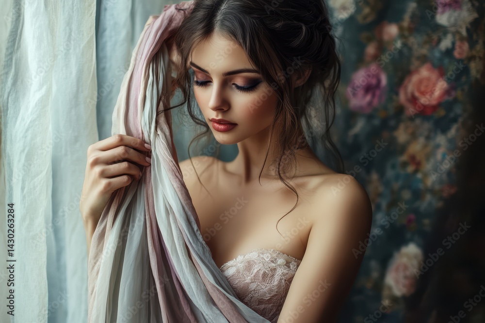 Fototapeta premium Young woman holding delicate fabrics near a floral backdrop in soft natural light