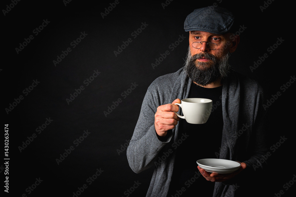 Stylish bearded man in cap and glasses holding coffee cup and saucer on dark background. Thoughtful expression, cozy casual wear, modern vintage atmosphere, morning tea drinking