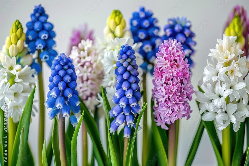 Fototapeta premium Colorful spring flowers in bloom arrangement against a light background.
