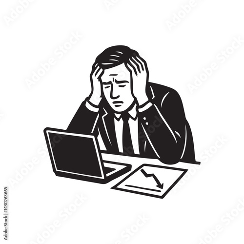 Businessman has a headache looking at his laptop because his business is losing money