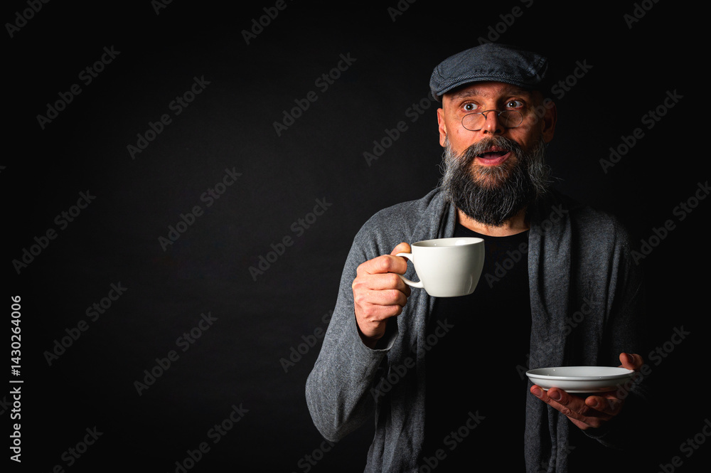 Stylish bearded man in cap and glasses holding coffee cup and saucer on dark background. Thoughtful expression, cozy casual wear, modern vintage atmosphere, morning tea drinking