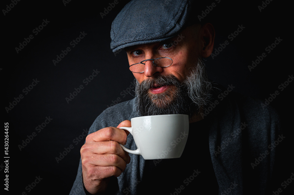 Stylish bearded man in cap and glasses holding coffee cup and saucer on dark background. Thoughtful expression, cozy casual wear, modern vintage atmosphere, morning tea drinking