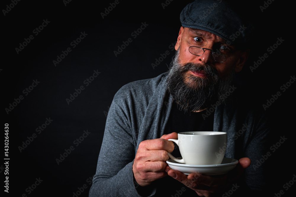Stylish bearded man in cap and glasses holding coffee cup and saucer on dark background. Thoughtful expression, cozy casual wear, modern vintage atmosphere, morning tea drinking