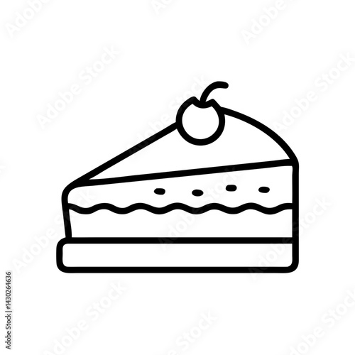 Slice of cake with cherry icon in black outline style