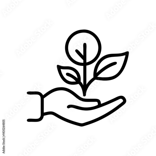 Hand holding plant icon in black line style
