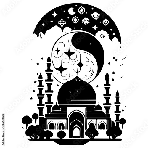 Stylized islamic architecture with celestial motifs evoking spiritual connection