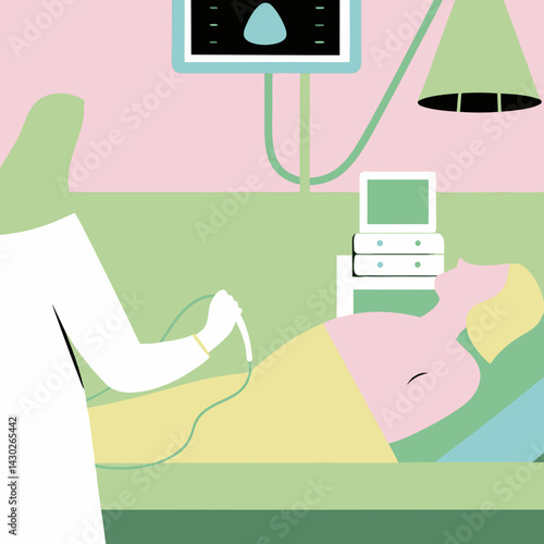Illustration of doctor performing ultrasound scan in clinical room, showing patient lying on bed with medical equipment in clean and modern setting