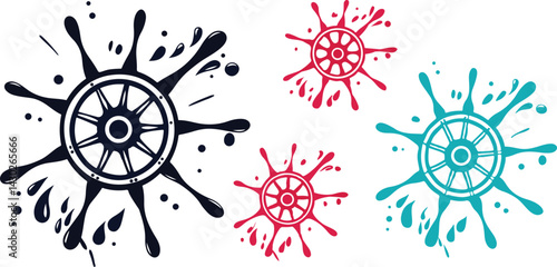 Navigational Compass and Sea Splash: A set of intricate navigational compass designs, with vibrant splashes of color in illustration form.