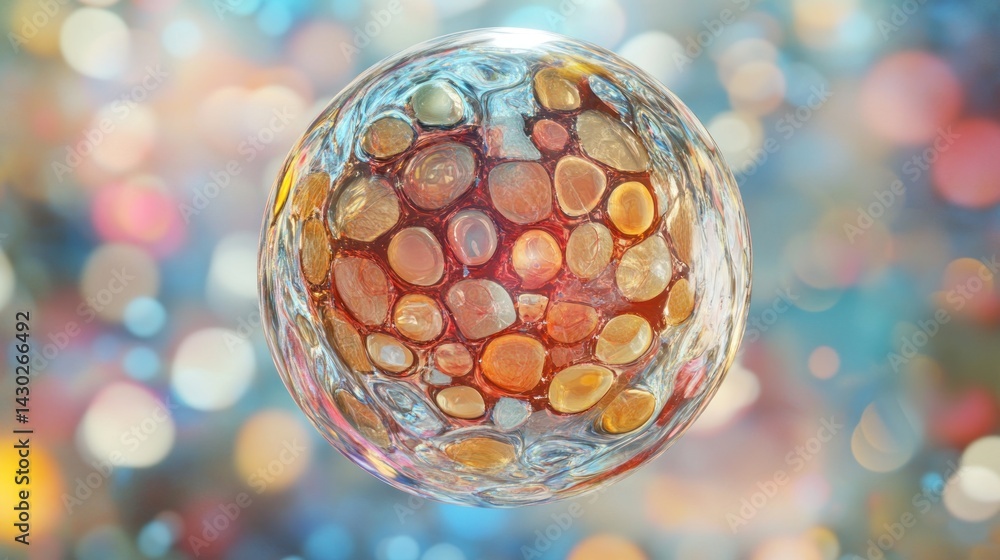 A three-dimensional representation of a biological cell. A three-dimensional representation of a biological cell.