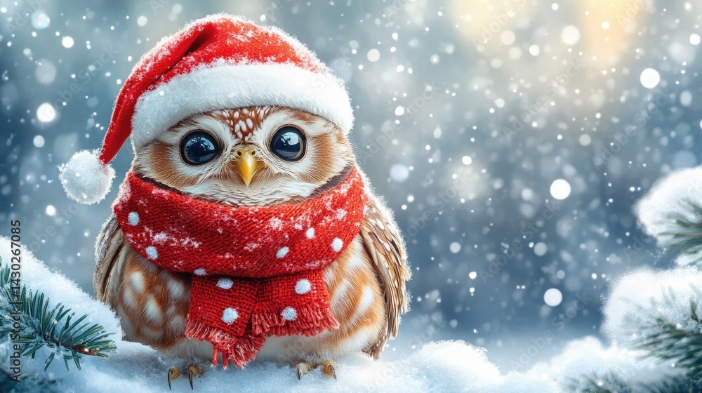Santa Owl in Snowy Forest for Whimsical Christmas Designs. Santa Owl in Snowy Forest for Whimsical Christmas Designs.