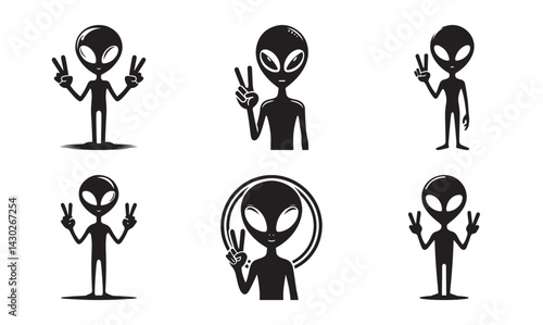 Alien Silhouette Giving Peace Sign  Minimal Sci-Fi Vector