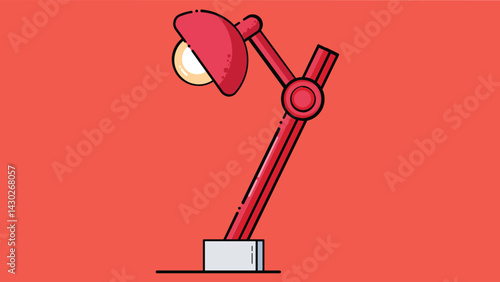Illustration of a red desk lamp with adjustable arm and round base against a coral red background. The lamp has a white light bulb visible under its dome shaped shade.