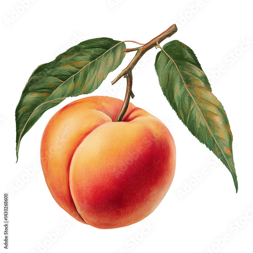 Vintage botanical illustration of ripe peach fruit with leaves on branch, isolated with transparent background