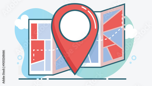 Flat design illustration of a folded paper map showing streets, garden areas, and pathways