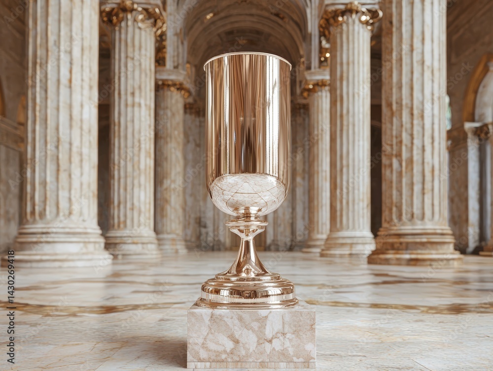 Fototapeta premium Golden goblet on a marble pedestal in a grand hall.