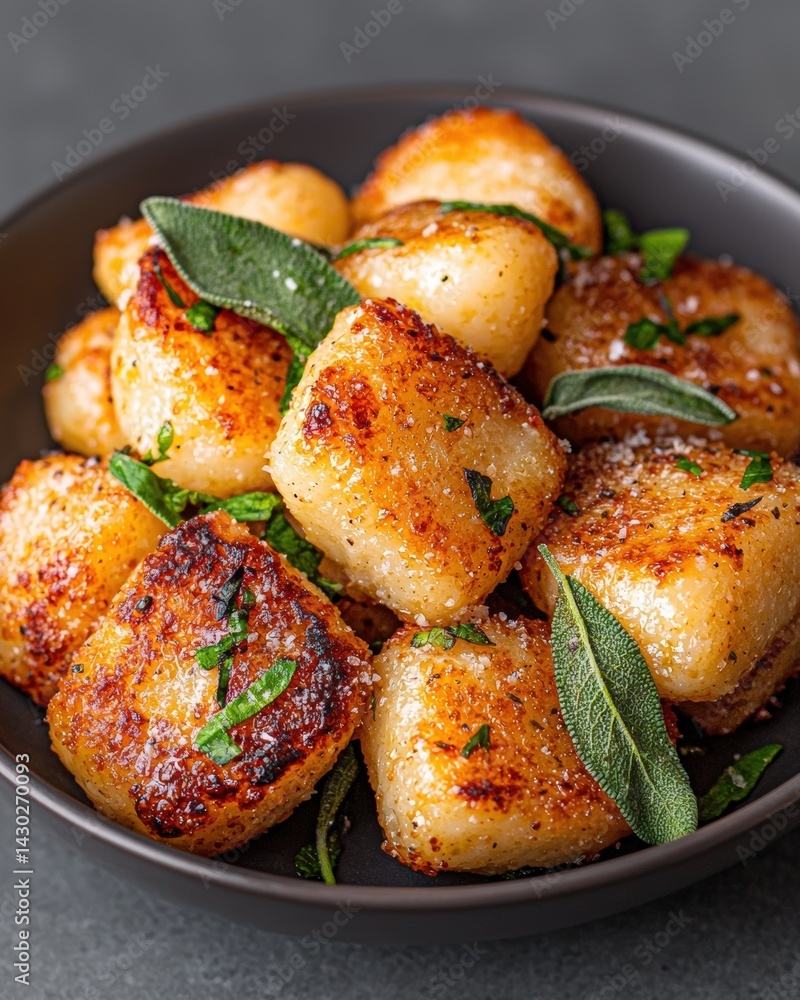 Crispy pan-fried gnocchi with sage and parmesan cheese. Crispy pan-fried gnocchi with sage and parmesan cheese.
