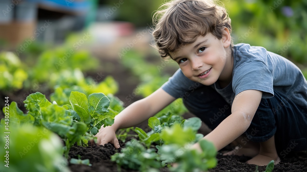 custom made wallpaper toronto digitalChild Gardener: Joyful Boy Tending Vibrant Green Vegetable Patch