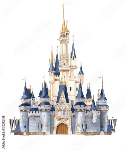 Enchanting Fairytale Castle with Towering Spires, Blue Roofs, and Majestic Architecture Surrounded by a Fantasy Landscape for Illustrative Purposes