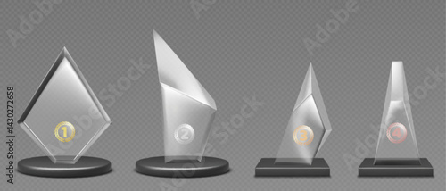 Glass trophy awards set with laurel wreaths - acrylic plaque shapes. Transparent realistic vector mockups for victory symbols, championship prizes or corporate recognition gifts on glossy stands