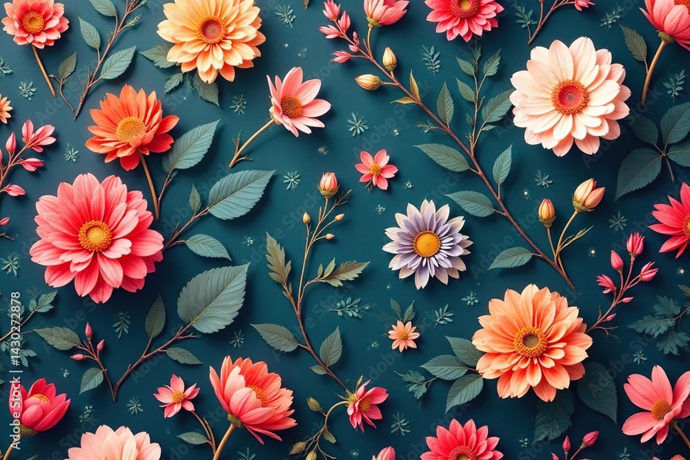 Small-scale repeating floral motif, muted tones, floral, tones Small-scale repeating floral motif, muted tones, floral, tones