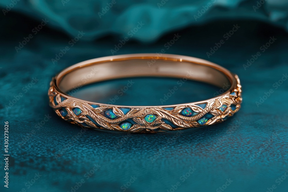 Elegant gold bangle bracelet with opal gemstones. Elegant gold bangle bracelet with opal gemstones.