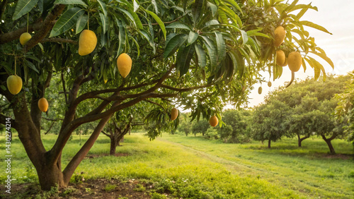 Golden ripe mangoes hang heavy on the branches of a lush tree in a tropical orchard, bathed in warm sunlight