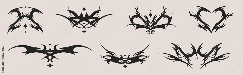 Fototapeta premium Neo tribal tattoo signs set isolated on background. Vector realistic illustration of gothic black ink symbols, abstract shape grunge streetwear decor, punk style ornament, street art graffiti elements