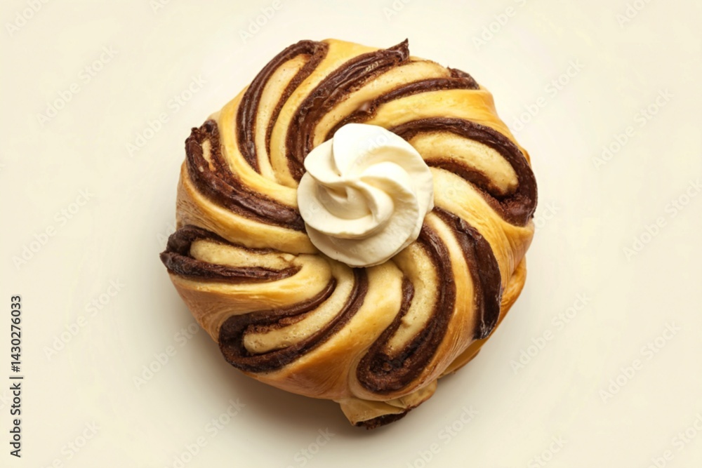 Fototapeta premium A photo of a cooked, baked Cinnabon with a swirl of cream on top