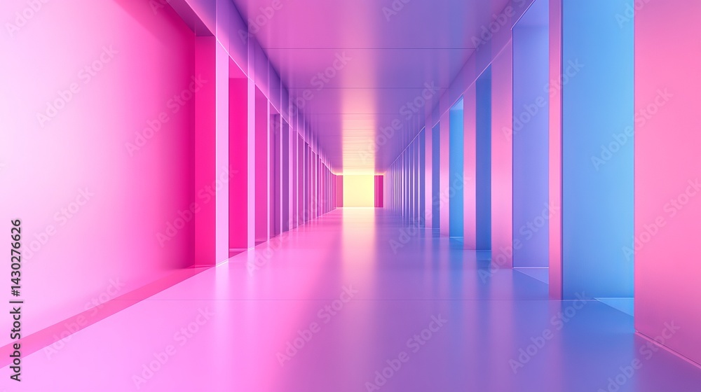 Perspective view of a bright hallway with pink and blue walls and a light source at the end of it Perspective view of a bright hallway with pink and blue walls and a light source at the end of it