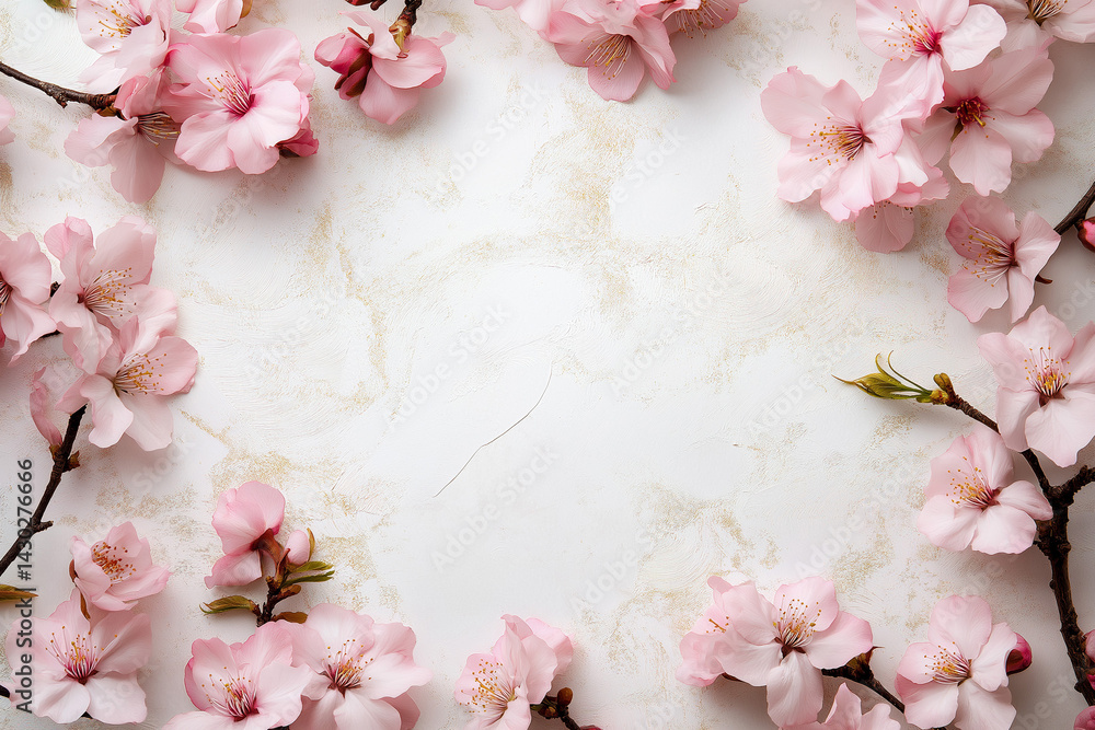 Cherry Blossom Floral Frame on Marble Background with Copy Space Cherry Blossom Floral Frame on Marble Background with Copy Space