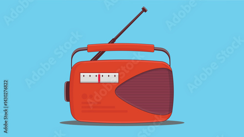 Illustration of a vintage red portable radio with an antenna, speaker grille, and tuning display against a light blue background. The retro device features a carrying handle and classic analog design.