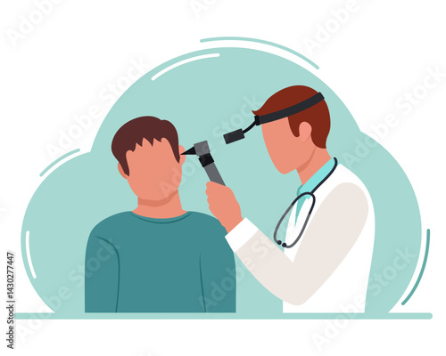 The male ENT doctor performs a medical examination of the patient's ear. Flat style.