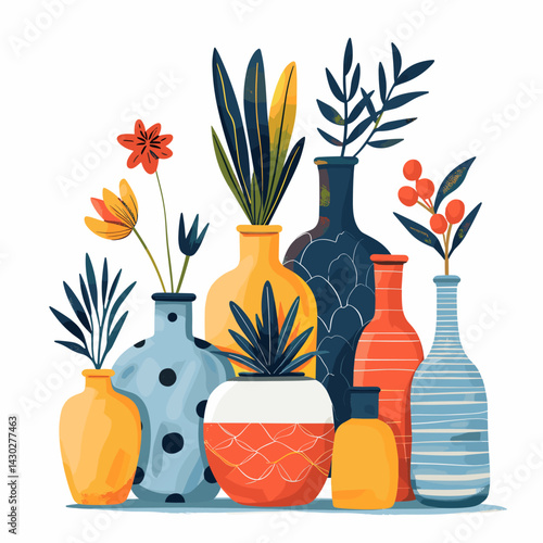 Colorful ceramic vases with plants and flowers. Vector illustration.
