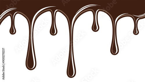 A delicious brown liquid chocolate drip flows, a sweet treat melting on a white background