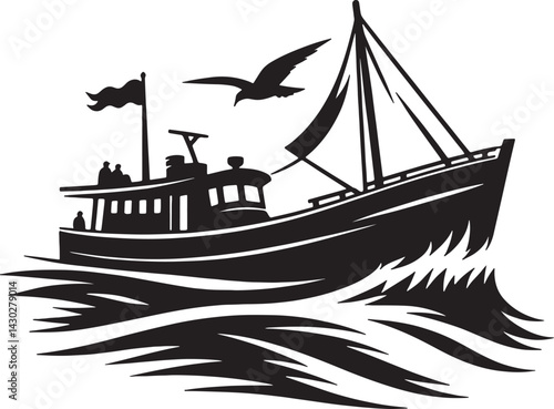 A black and white illustration of a sailboat with sails raised on water with flag on top mast