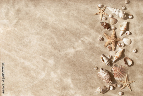 Top view of a sandy beach with collection of seashells and starfish as natural textured background for aesthetic summer travel and vacation design