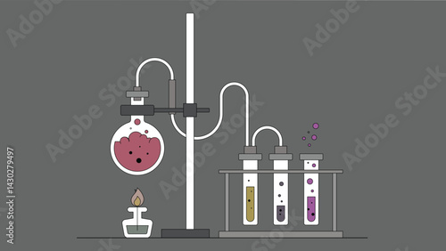 Flat illustration of a chemical bottle filled with liquid, representing a laboratory container used for storing and handling substances