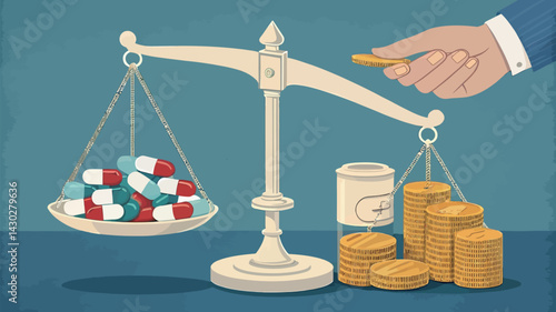 A balance scale comparing medication and money, symbolizing healthcare costs.