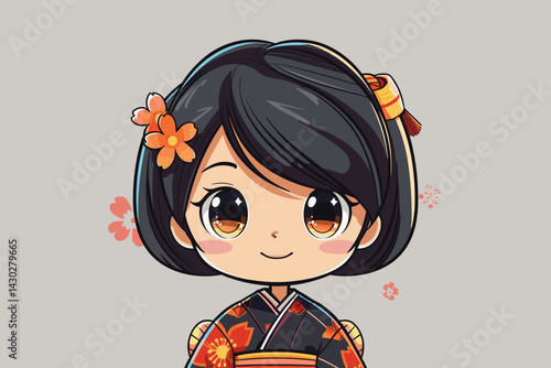 Cute little girl in kimono. Vector cartoon illustration.