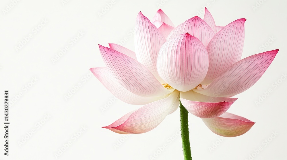 A single, light pink lotus flower with visible petals and stem, isolated on a white background. A single, light pink lotus flower with visible petals and stem, isolated on a white background.