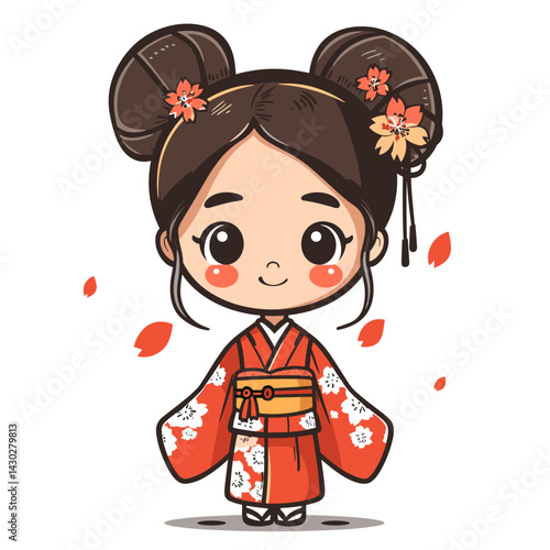 Cute kokeshi girl in kimono. Vector illustration