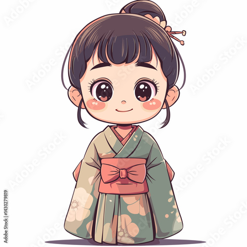 Cute kokeshi girl in kimono. Vector illustration