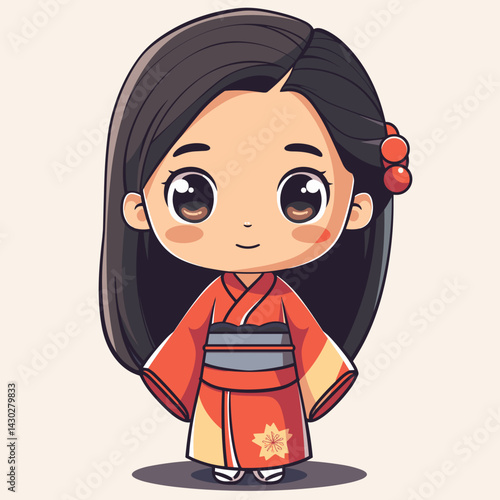 Cute kokeshi girl in kimono. Vector illustration