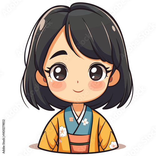 Cute kokeshi girl in kimono. Vector illustration