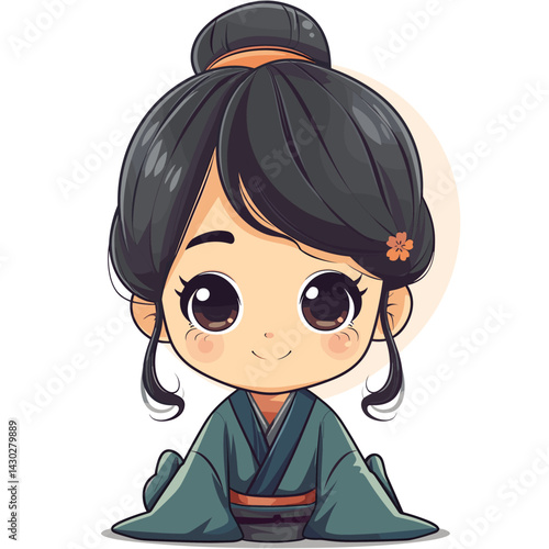 Cute kokeshi girl in kimono. Vector illustration