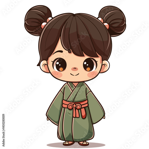 Cute kokeshi girl in kimono. Vector illustration