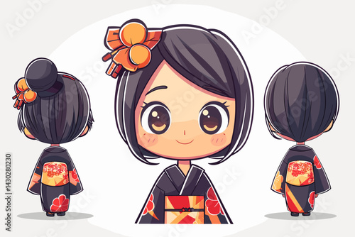 Cute kokeshi girl in kimono. Vector illustration