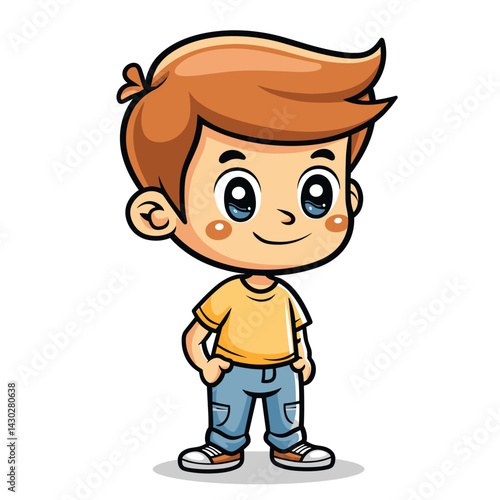 Little boy standing and smiling. Cute cartoon character vector illustration.
